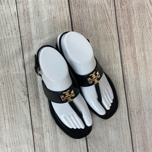 Tory Burch Eleanor Womens Sz 6.5 Sandals Flats Ankle Strap Black Leather - Picture 7 of 9